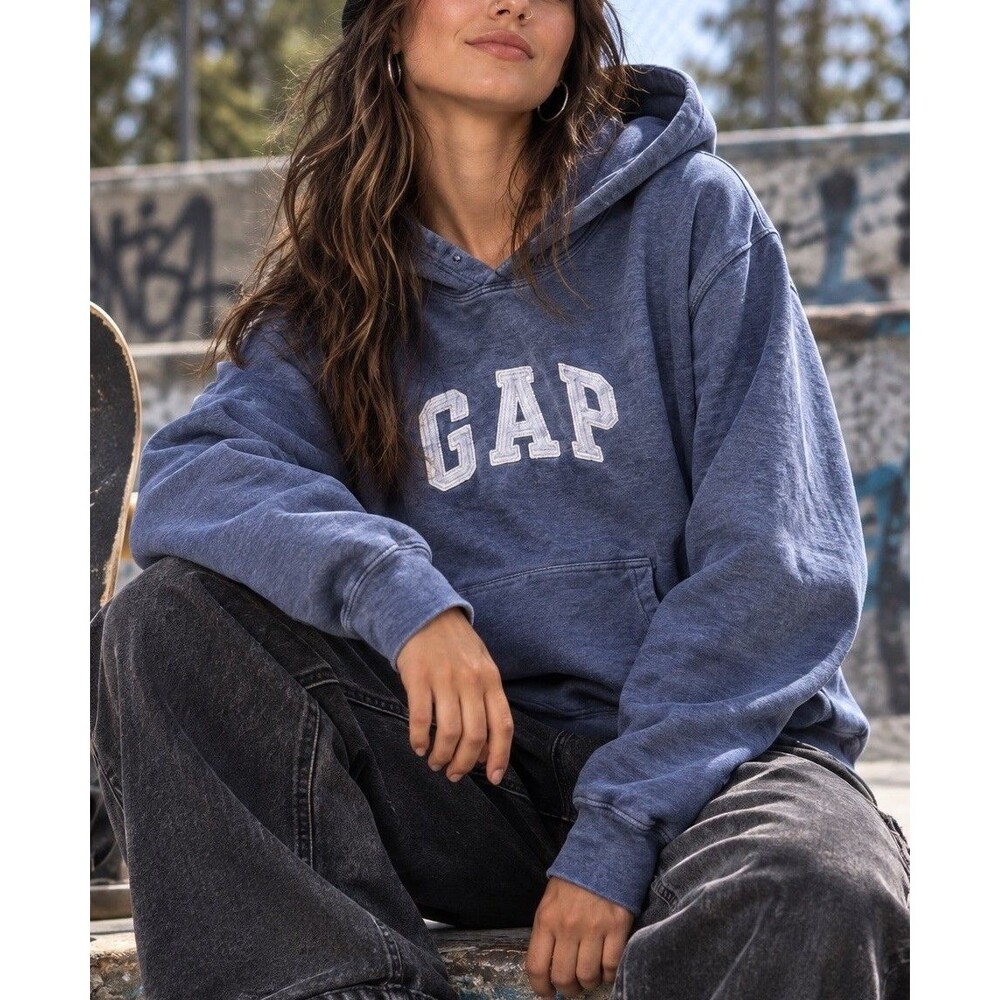 Vintage Gap Spell Out Hoodie XL Skater Grunge Thrashed Blue Y2K Logo Pullover